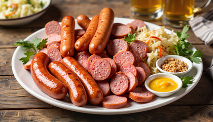 Assorted sausages served on plate with mustard and sauerkraut  