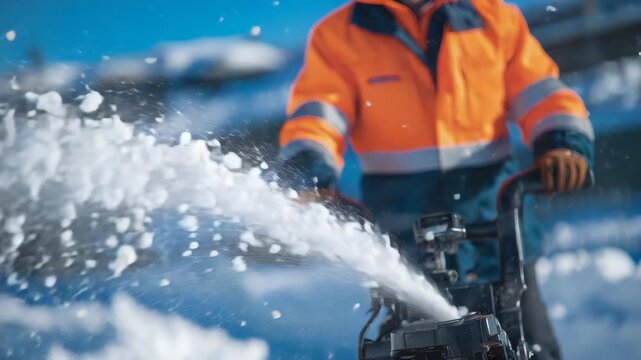 164Close-up of municipal worker in bright orange safety jacket operating a snow blower, snow spraying in arcs, falling flakes catching soft winter light