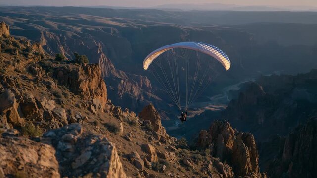 163Person paragliding over rugged canyon, sunset casting long shadows and warm golden light on rocks and parachute canopy