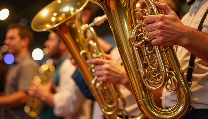 Musicians holding brass tubas during live performance in concert hall  