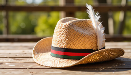 Straw hat with feather resting on wooden table in sunny outdoor setting  