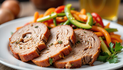 Sliced meatloaf served with colorful bell pepper salad on plate  