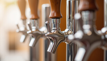Beer taps with wooden handles lined up in a bar setting  