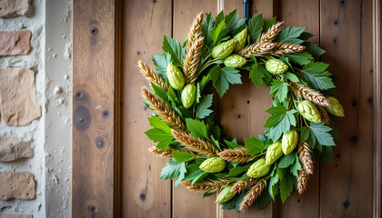 Green foliage wreath hanging on rustic wooden door background  