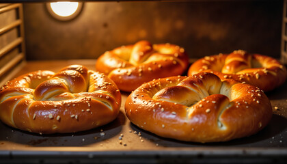 Freshly baked pretzels with sesame seeds in the oven  
