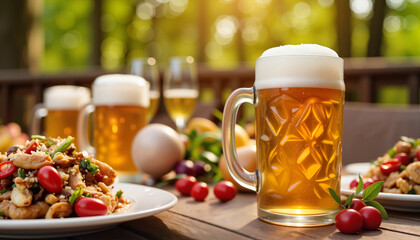 Beer mugs and salad on a wooden table in a sunny outdoor setting  