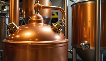 Copper distillery equipment showcasing fermentation process  
