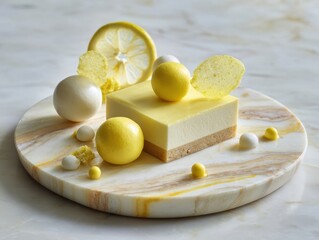 Modern Lemon Dessert with Cubed Mousse and Decorative Spheres on a Round Marble Platter Fresh Citrus Slice and Yellow Garnish Bright and Elegant Culinary Presentation with Minimalist Elements