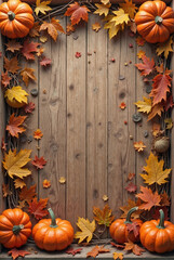 Autumn pumpkins and leaves on a rustic wooden background, mockup, product mockup