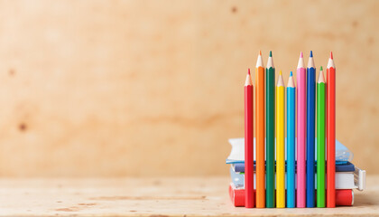 Colored pencils arranged on wooden surface with books in background  