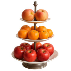 Three-tiered fruit stand with red apples and oranges  