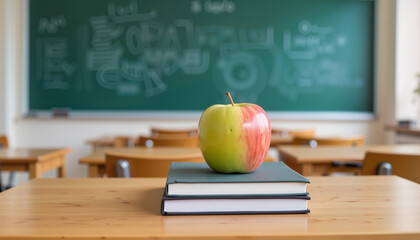 Apple on stacked books in classroom with chalkboard background  
