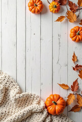 Cozy autumn still life with pumpkins, flowers, and a warm knitted blanket, mockup, product mockup