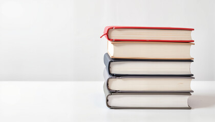 Stack of books with red and black covers on a white table  