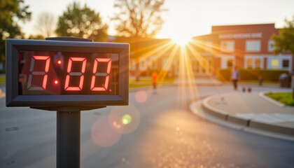 Digital clock showing 7:00 AM with sunrise in background at school  