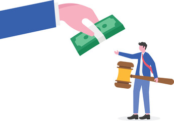  Two businessman hands, one holding a coin and the other a judge gavel, illustration of Corruption,
