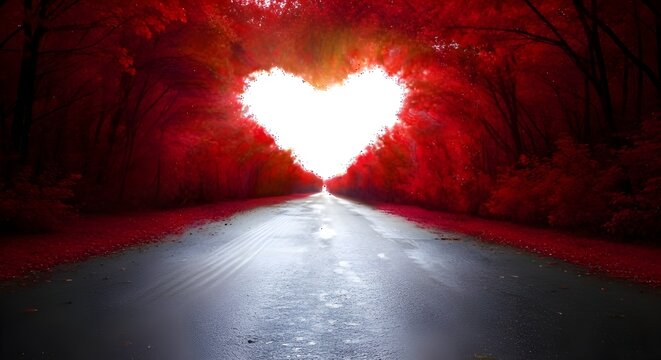 Heart-shaped light tunnel with trees on road for love concept
