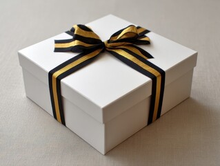 White square gift box with elegant black gold striped ribbon bow on light textured surface present packaging