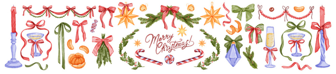 Christmas decoration object set, New Year holiday hand drawn decor winter watercolor festive clipart. Ribbon bow garland, traditional fir branch, champagne glass, candy. Christmas party decoration kit