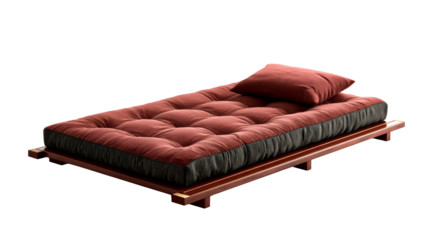 Modern Tufted Futon with Wooden Frame and Pillow, cut out transparent