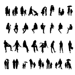 Collection of 32 urban people silhouettes in casual poses: walking, sitting, talking, carrying bags, and holding umbrellas.