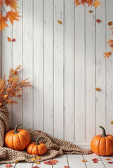 Autumnal still life with pumpkins, wood slices, and decorative elements, space for text