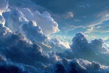 Cumulus cloudscape against a blue sky on a sunny afternoon with billowing, fluffy clouds casting soft shadows in the vast expanse