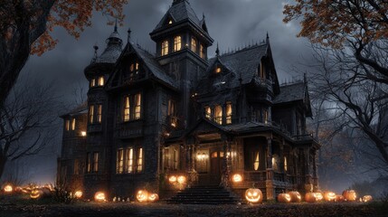 a halloweenthemed haunted house with eerie glowing pumpkins and cobwebcovered turrets