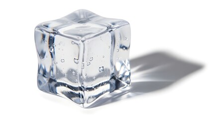 Close-up realism of a transparent ice cube with a gentle shadow, isolated on a white background.