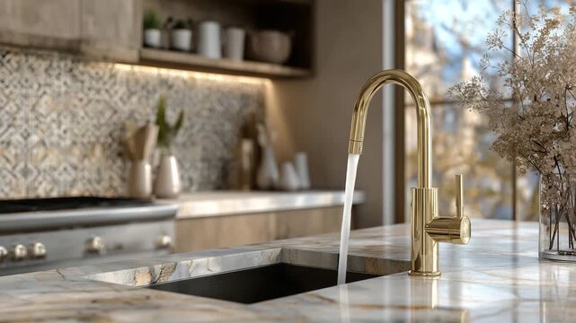 191Luxury kitchen sink setup, gold faucet as centerpiece, sleek marble countertop with subtle pattern, elegant kitchen accessories in soft focus