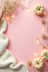 Cozy autumn still life with pumpkins, flowers, and a warm knitted blanket, mockup, product mockup