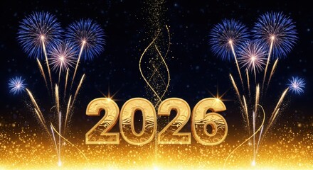 Celebrate new year 2026 with fireworks and golden glitter background