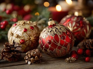 Holiday Ornaments Red Gold Pinecones Wooden Surface Seasonal Decor Festive Accents Candlelight Background Tabletop Arrangement