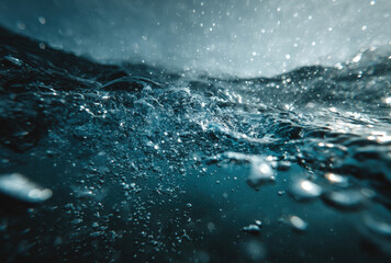 Dynamic water splash with bubbles and motion in deep blue tones