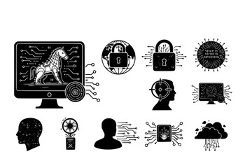 Cyber Warfare & Threat Intelligence Black Silhouette Icon Set: Trojan Horse, Network Lock, Targeted Profile, and Data Obscuring Digital Smoke Vectors.