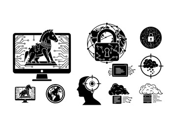 Cyber Warfare & Threat Intelligence Black Silhouette Icon Set: Trojan Horse, Network Lock, Targeted Profile, and Data Obscuring Digital Smoke Vectors.