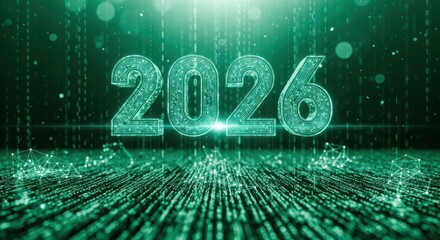 Digital matrix background displaying year 2026 for future technology concept