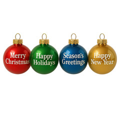 Colorful Christmas ornaments with holiday greetings on white background  