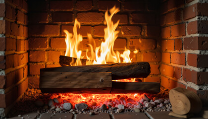 Cozy fireplace with glowing flames and burning logs in brick setting  