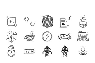Hydrogen Fuel Cell & Alternative Energy Black Silhouette Line Icon Set: H2 Atom, Fuel Cell Stack, Filling Station, and Electrolysis Diagram Vectors.