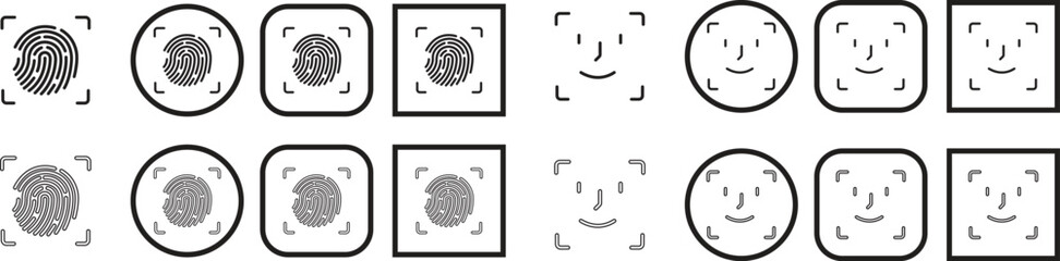 Fingerprint and face scan symbol Black flat and line style biometric security vector icon set, face ID and fingerprint authentication group, collection, access identity verification synonym