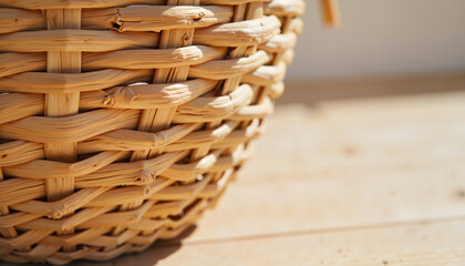 Woven wicker basket close-up on wooden surface in natural light  