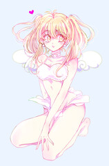 もこもこ衣装の女性　ツインテール　金髪