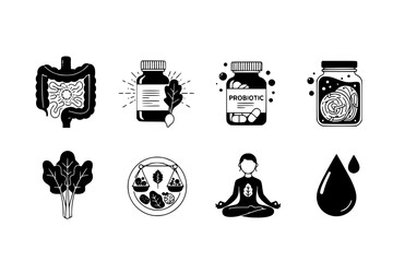 Holistic Nutrition & Gut Health Black Silhouette Vector Set: Intestines Diagram, Probiotics, Fermented Food, and Leafy Greens Conceptual Wellness Icons.