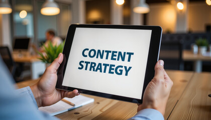Professional holding tablet displaying content strategy in office  