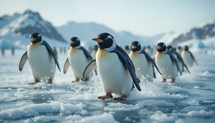 Fototapeta premium penguins sliding on ice 