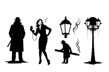 Vintage Film Noir & Espionage Black Silhouette Vector Set: Trench Coat Detective, Femme Fatale, Streetlamp, and Dramatic Cinematic High-Contrast Figures.