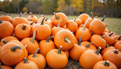 Pile of orange pumpkins in autumn field during daylight  