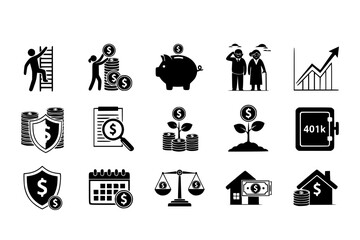 Financial Wellness & Retirement Planning Black Silhouette Icon Set: Savings Growth, Piggy Bank, Elderly Couple, and Compound Interest Corporate Vectors.