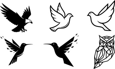 Obraz premium Artistic Bird Silhouettes Black Vector Set: Soaring Eagle, Calm Dove, Abstract Hummingbird, and Geometric Owl Shapes for Logos and Branding.